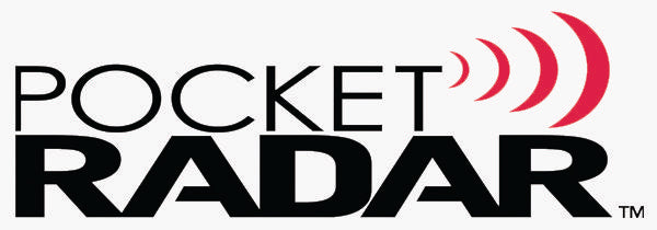 The image shows the Pocket Radar logo. The word POCKET is in black uppercase letters above the larger word RADAR. Three red curved lines above RADAR suggest radar waves.