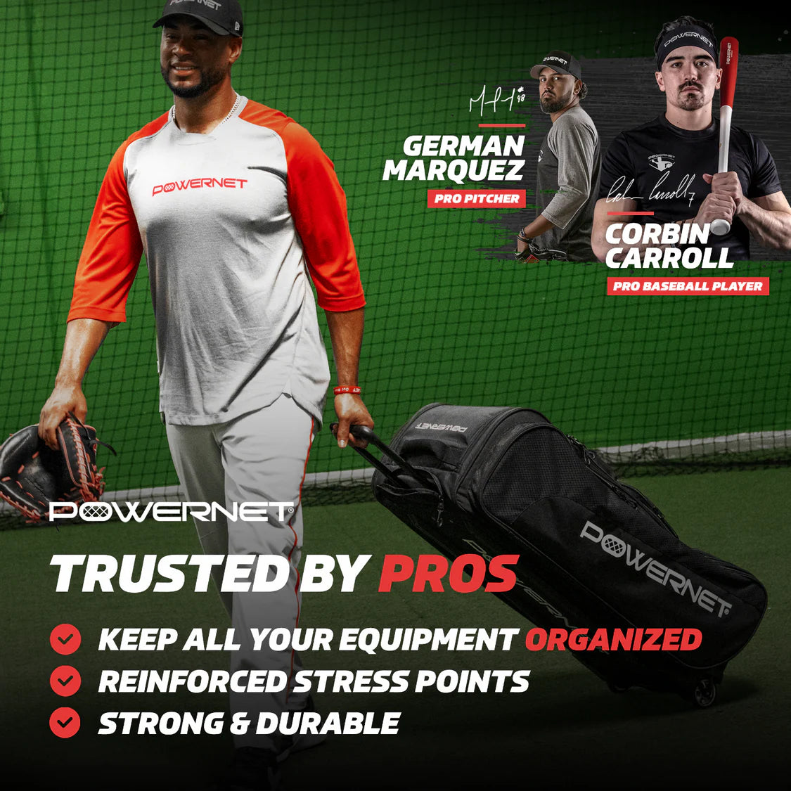 A baseball player in a white and red PowerNet shirt pulls the PowerNet Optimus Catcher's Gear Bag (B013-BK) in a training facility. Inset photos feature endorsements from German Marquez and Corbin Carroll, with text outlining key gear bag features.