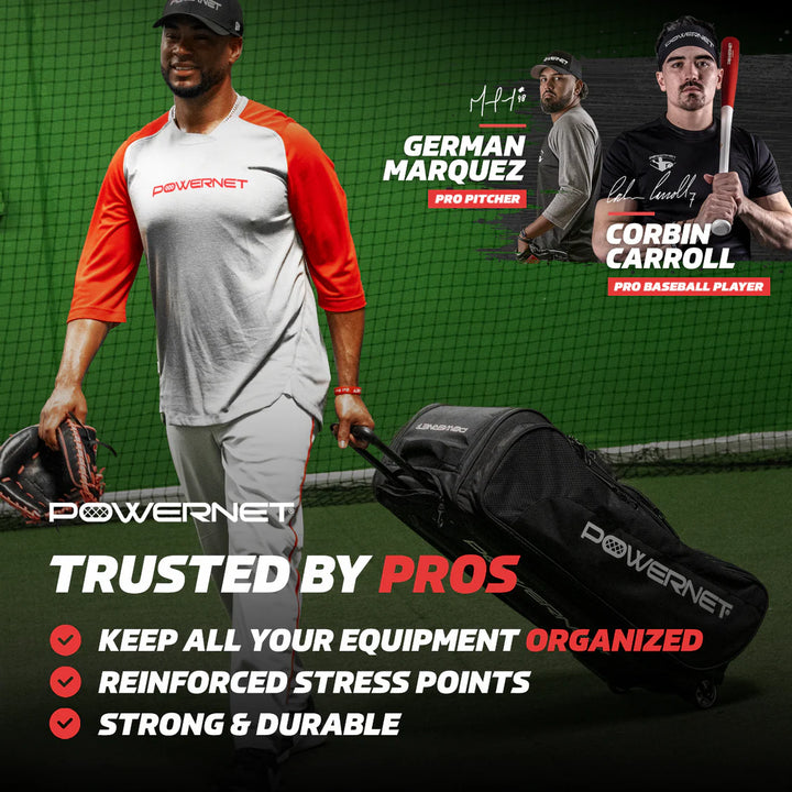 A baseball player in a white and red PowerNet shirt pulls the PowerNet Optimus Catcher's Gear Bag (B013-BK) in a training facility. Inset photos feature endorsements from German Marquez and Corbin Carroll, with text outlining key gear bag features.