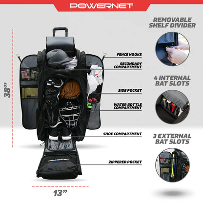 The PowerNet Optimus Catcher's Gear Bag (B013-BK) by PowerNet in black stands open, displaying compartments for bats, gloves, shoes, helmet, water bottle, and gear. Features include a removable shelf divider and multiple pockets. Size: 38" tall x 13" wide.