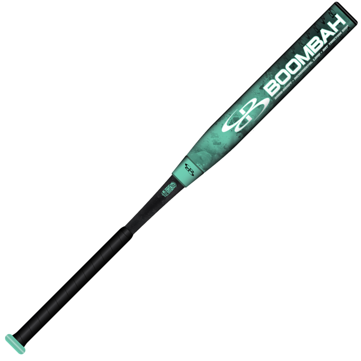 A green and black BoombahPure Pure12 Teal Control 12" Balanced Slowpitch Softball Bat (model M2B0-6141 TL) with a teal end cap and grip, X25 Barrel Technology, NSA/USSSA certified, featuring the Boombah logo on the barrel.