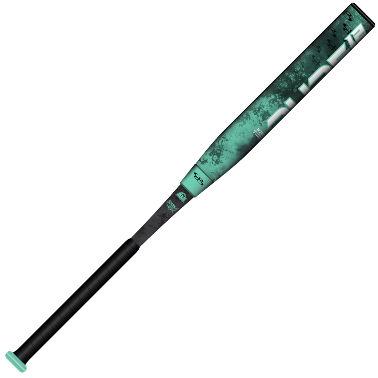 A mint green and black 2026 BoombahPure Pure12 Teal Control 12" Balanced NSA USSSA slowpitch softball bat (M2B0-6141 TL) with a textured X25 Barrel Technology design and black grip, shown on a white background.