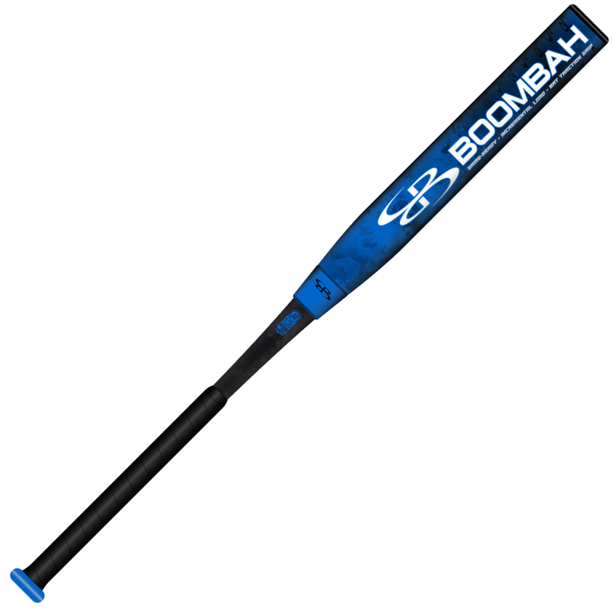 The 2026 BoombahPure Pure12 Blue Boom 12" Endloaded NSA USSSA Slowpitch Softball Bat (M2B0-6142 RB) features a blue and black design, black grip handle, blue knob, BOOMBAH branding, and innovative X25 Barrel Technology for top performance.