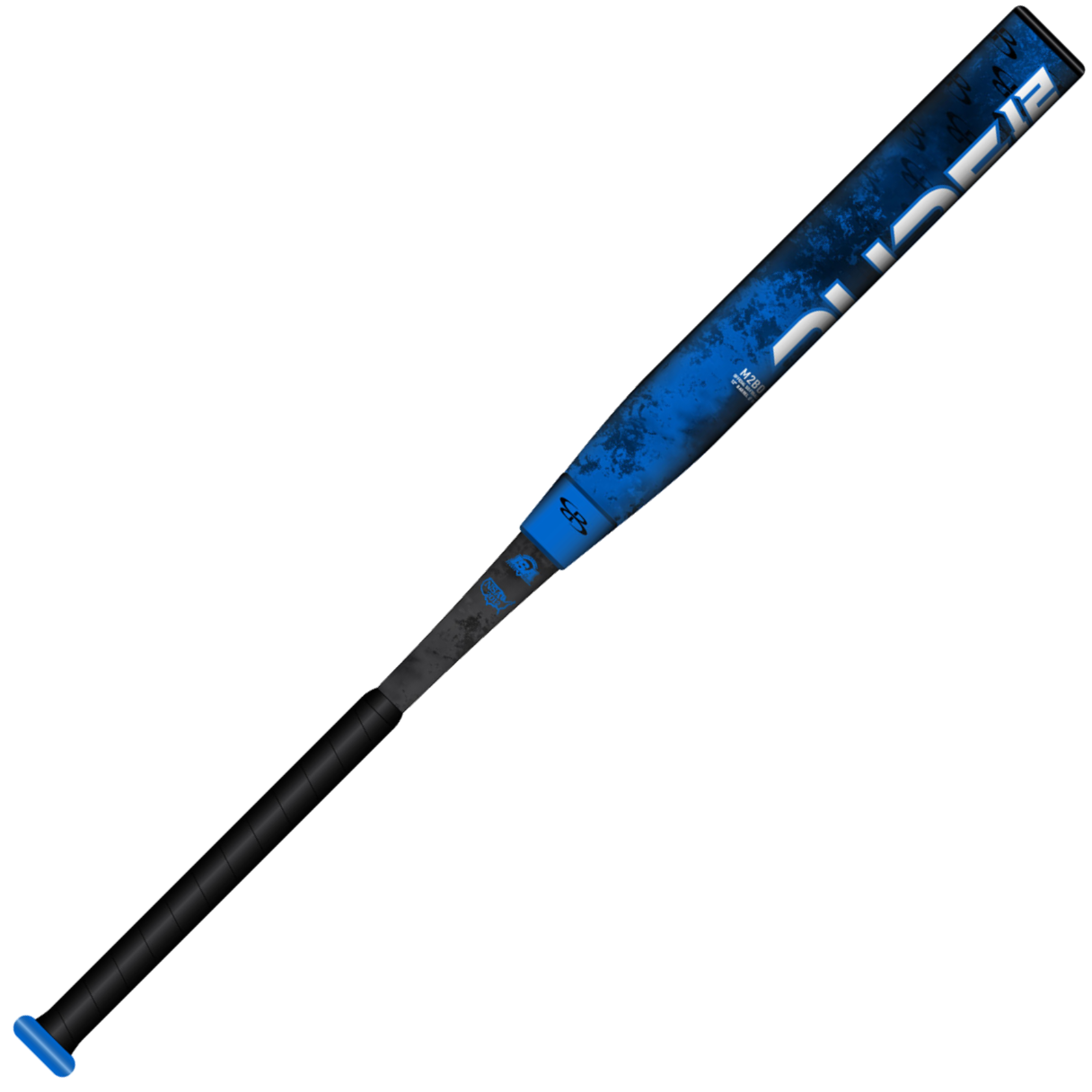 The Boombah 2026 Pure12 Blue Boom Slowpitch Softball Bat (M2B0-6142 RB) features a black and blue splatter design, bold white FUSE lettering, X25 Barrel Technology, black grip, and blue end cap. Approved for NSA/USSSA play.