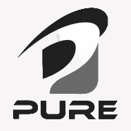 Black and gray stylized logo resembling a curved shape above the word PURE in bold, modern capital letters.