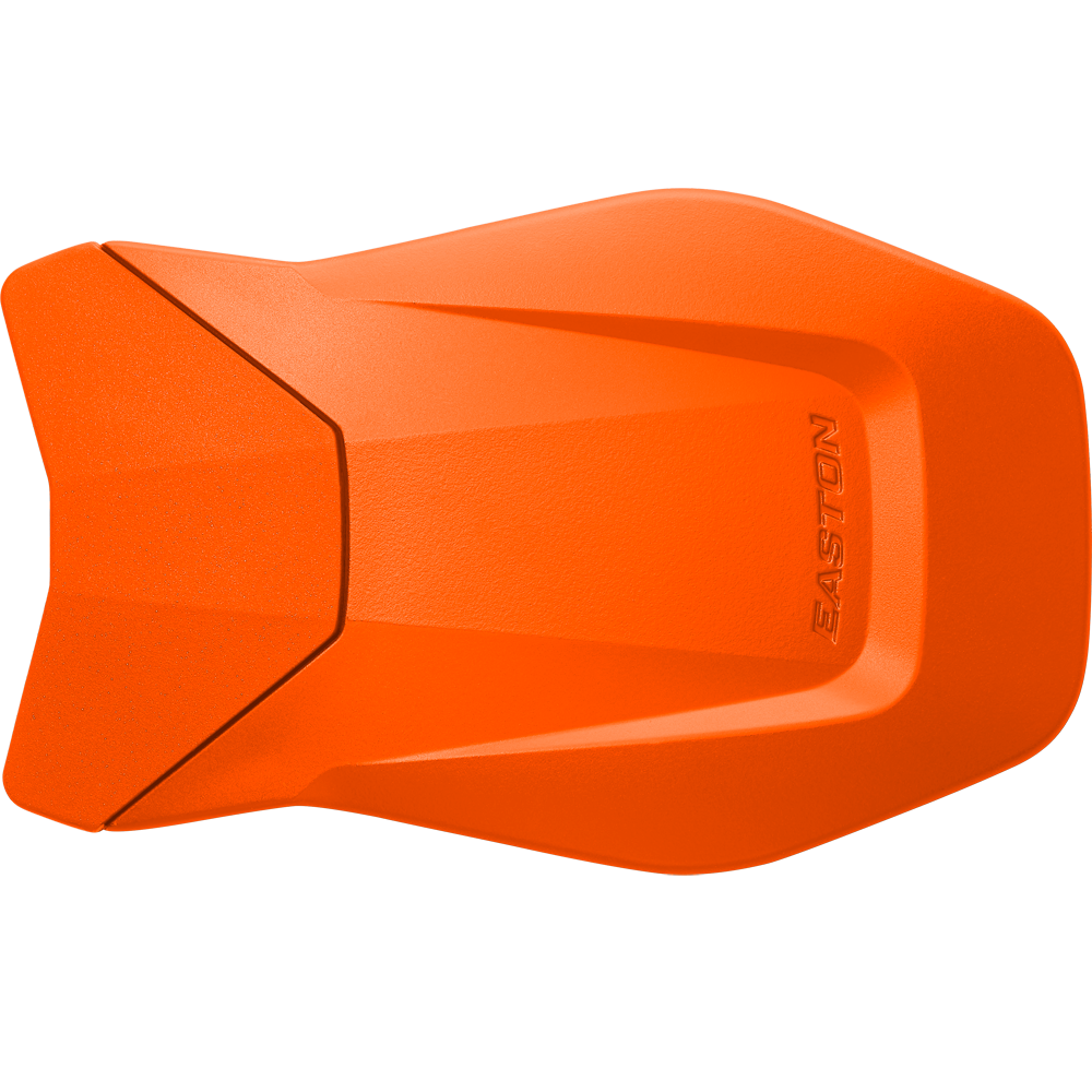 An Easton Multi-Adjust Jaw Guard batting helmet in orange is shown against a white background.