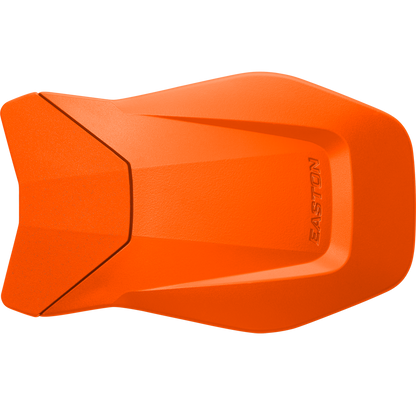 An Easton Multi-Adjust Jaw Guard batting helmet in orange is shown against a white background.