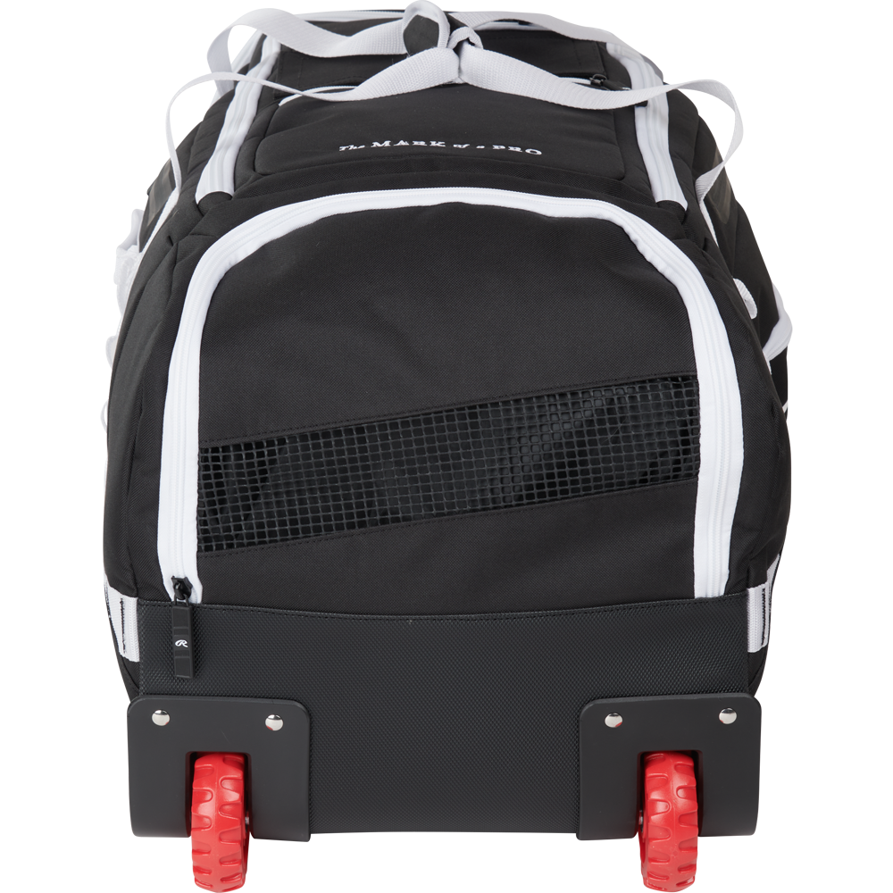 The Rawlings Yadi 2 Wheeled Catcher's Bag (YADI2WHBG) is a black and white sports equipment bag with mesh ventilation, two red wheels, and a sturdy base for easy transport of your gear.