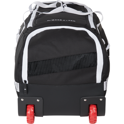 The Rawlings Yadi 2 Wheeled Catcher's Bag (YADI2WHBG) is a black and white sports equipment bag with mesh ventilation, two red wheels, and a sturdy base for easy transport of your gear.