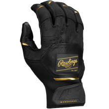 The Rawlings Workhorse Adult Batting Gloves (WH25BG) are black with gold accents, a textured pattern, breathable perforations, an Oitac leather palm, and a Rawlings logo patch on the back.