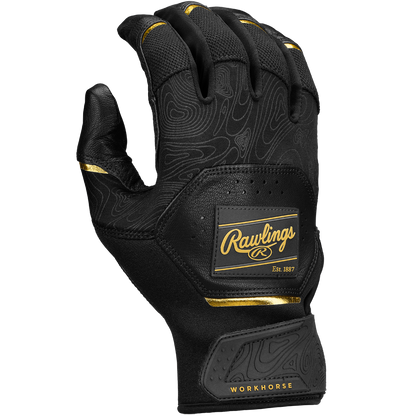 The Rawlings Workhorse Adult Batting Gloves (WH25BG) are black with gold accents, a textured pattern, breathable perforations, an Oitac leather palm, and a Rawlings logo patch on the back.