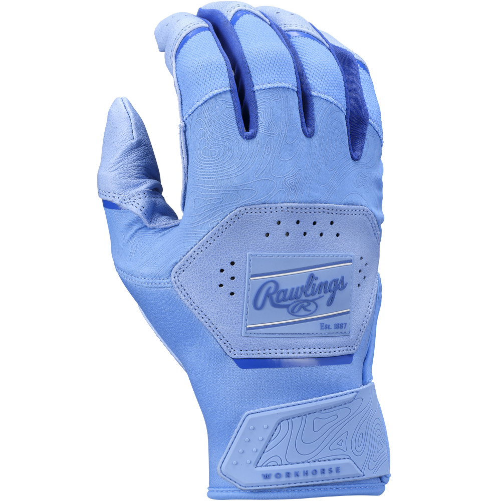 A pair of light blue Rawlings Workhorse Adult Batting Gloves (WH25BG) shown from the back, featuring textured patterns, ventilation holes, and a prominent Rawlings logo patch. Made with durable Oitac leather for a premium feel.