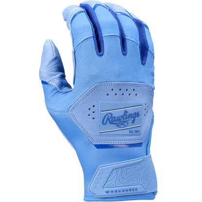A pair of light blue Rawlings Workhorse Adult Batting Gloves (WH25BG) shown from the back, featuring textured patterns, ventilation holes, and a prominent Rawlings logo patch. Made with durable Oitac leather for a premium feel.
