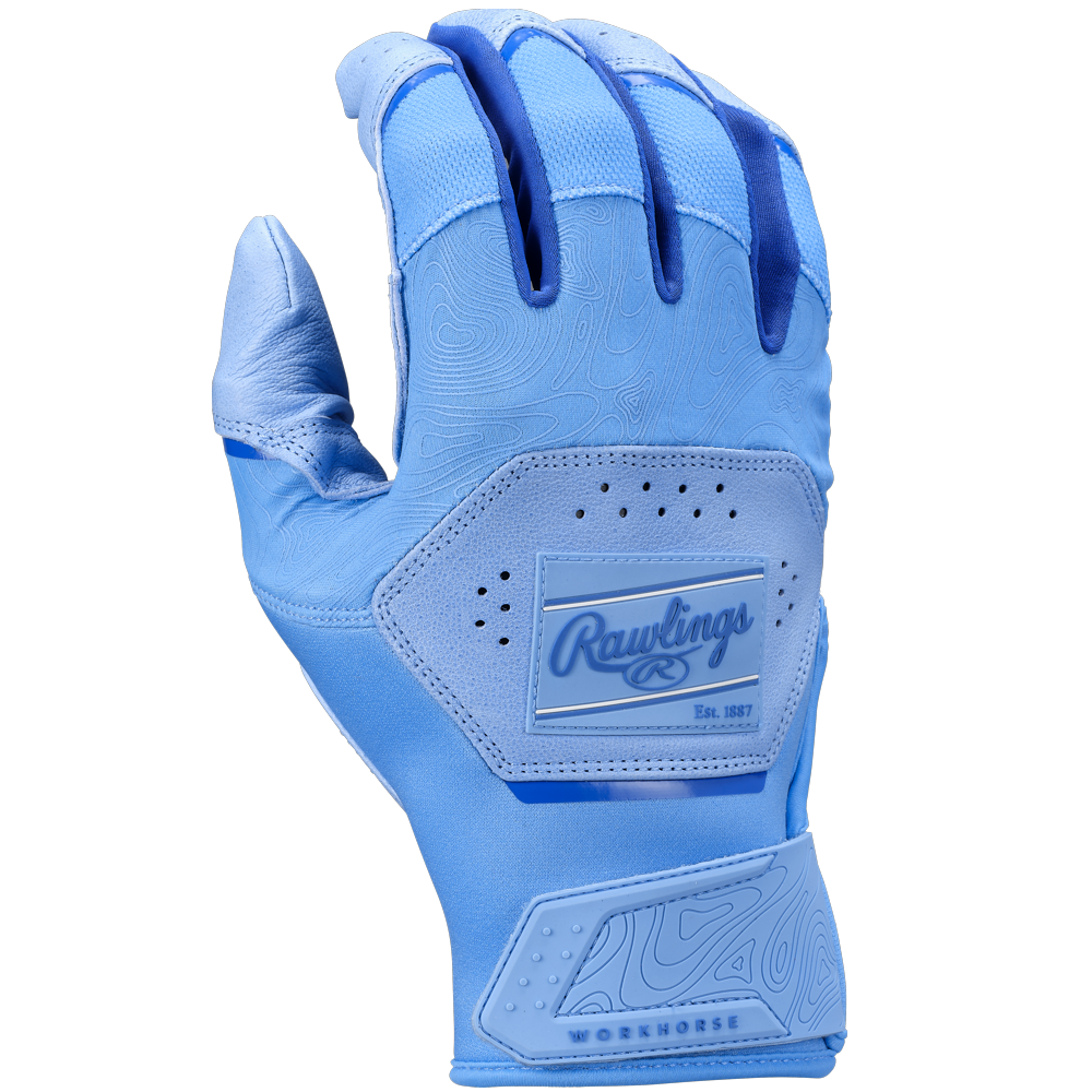 The Rawlings Workhorse Youth Batting Gloves (WH25YBG) feature textured patterns, vent holes, flexible joints, reinforced stitching, and the iconic Rawlings logo for lasting durability and comfort.