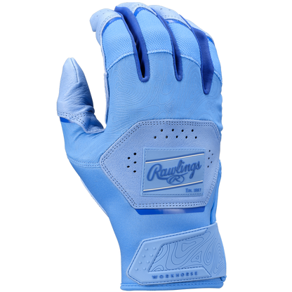 The Rawlings Workhorse Youth Batting Gloves (WH25YBG) feature textured patterns, vent holes, flexible joints, reinforced stitching, and the iconic Rawlings logo for lasting durability and comfort.