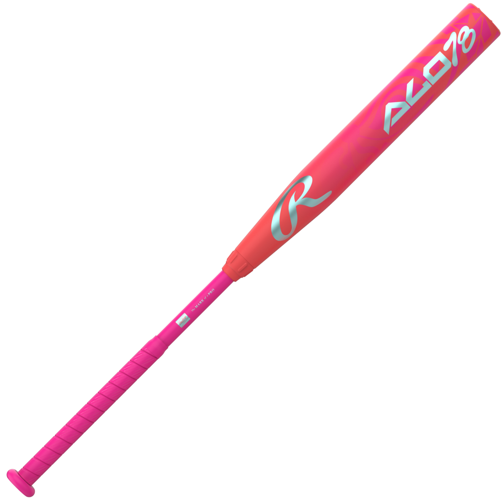 The 2026 Rawlings ALO78 (-12) Fastpitch Softball Bat (RFP6ALO12) features a vibrant pink design with light blue and white accents, composite construction, a large R logo, and a matching pink grip on the handle.