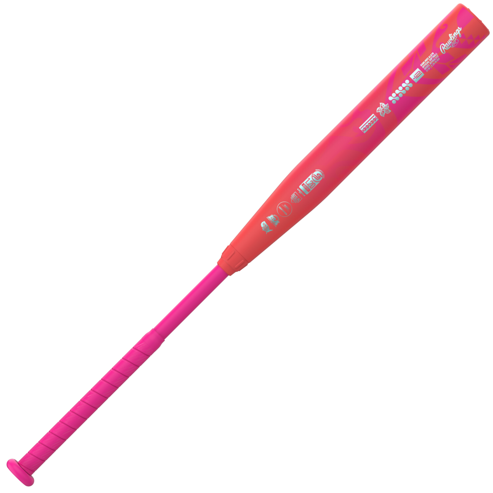 A vibrant pink and red 2026 Rawlings ALO78 (-12) Fastpitch Softball Bat (RFP6ALO12) featuring a wrapped grip handle and colorful graphics, designed by Rawlings.