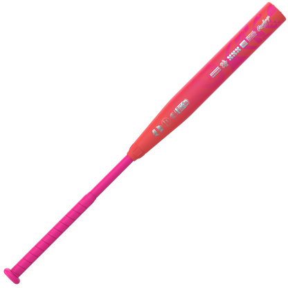 A vibrant pink and red 2026 Rawlings ALO78 (-12) Fastpitch Softball Bat (RFP6ALO12) featuring a wrapped grip handle and colorful graphics, designed by Rawlings.