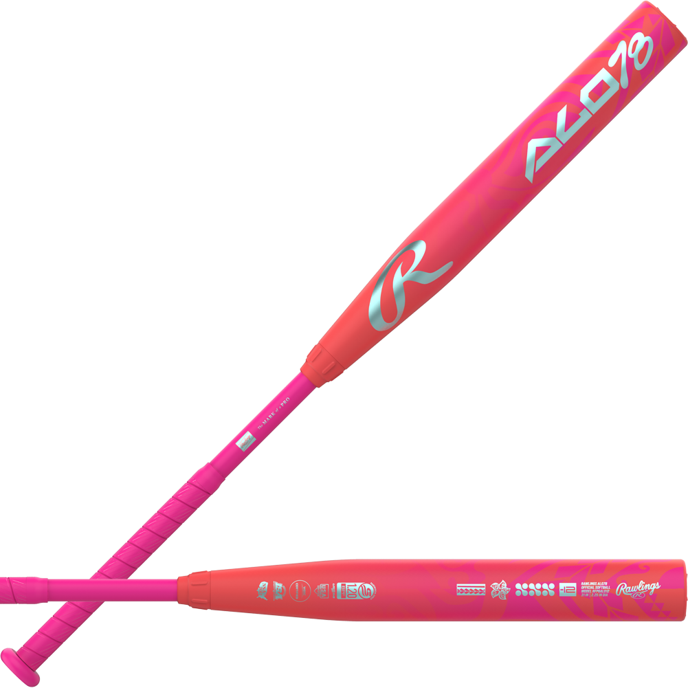 Two bright pink and orange Rawlings 2026 ALO78 (-12) Fastpitch Softball Bats (RFP6ALO12) feature silver branding, a large R logo, ALO 19 text, matching pink grips, and a glossy finish.