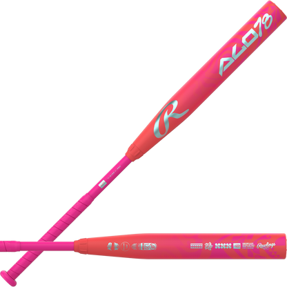 Two bright pink and orange Rawlings 2026 ALO78 (-12) Fastpitch Softball Bats (RFP6ALO12) feature silver branding, a large R logo, ALO 19 text, matching pink grips, and a glossy finish.
