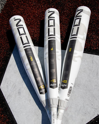 Three Rawlings 2025 Icon USSSA baseball bats with black, white, and gray accents lie on brown turf by a base, each with a unique drop: -10, -8, and the popular (-5) 2 3/4" RUT5I5 model.