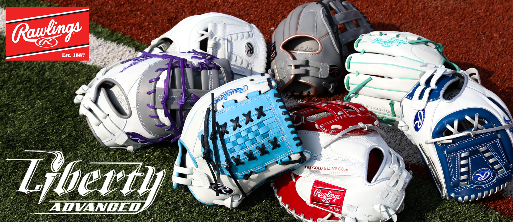 A variety of colorful Rawlings Liberty Advanced softball gloves are displayed on a turf field, with the Rawlings logo in the top left and Liberty Advanced text at the bottom left.