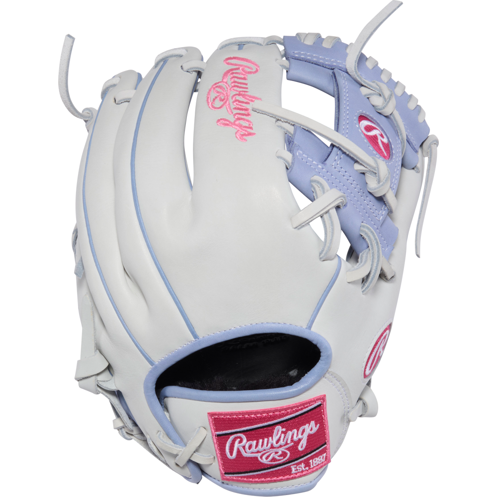 The Rawlings Liberty Advanced 12" Fastpitch Softball Glove (RLA206SB-2WPE) features a white design with light blue laces and pink logo accents. Shown palm away, the stylish back highlights its signature look for softball players.