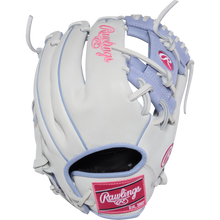 The Rawlings Liberty Advanced 12" Fastpitch Softball Glove (RLA206SB-2WPE) features a white design with light blue laces and pink logo accents. Shown palm away, the stylish back highlights its signature look for softball players.