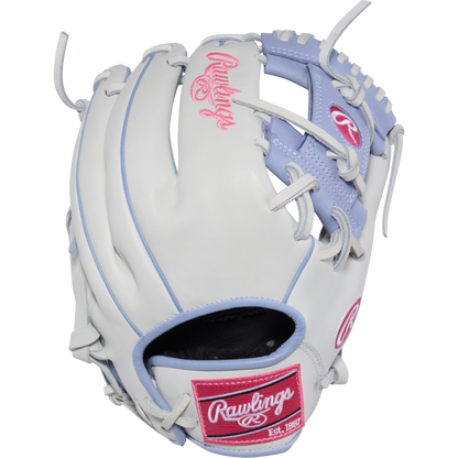 The Rawlings Liberty Advanced 12" Fastpitch Softball Glove (RLA206SB-2WPE) features a white design with light blue laces and pink logo accents. Shown palm away, the stylish back highlights its signature look for softball players.