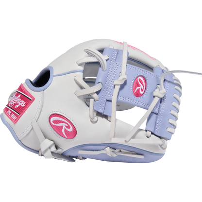 The Rawlings Liberty Advanced 12" Fastpitch Softball Glove (RLA206SB-2WPE) features a white design with lavender and pink accents, plus pink stitching on the label, laces, and webbing—a stylish utility glove from Rawlings.