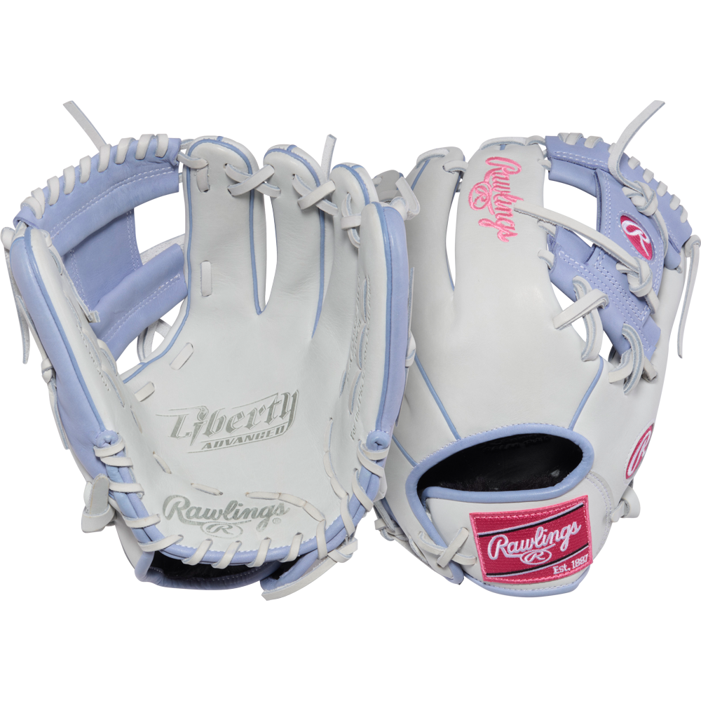 Two Rawlings Liberty Advanced 12" Fastpitch Softball Gloves (RLA206SB-2WPE) are shown—one displays the palm with embossed logos, the other reveals the back with pink Rawlings branding and decorative lacing.
