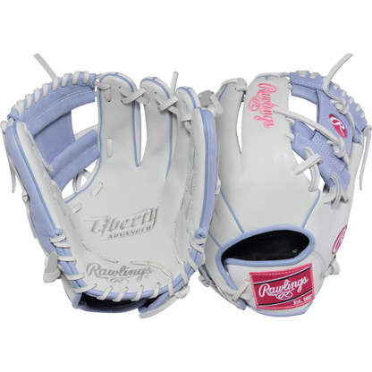 Two Rawlings Liberty Advanced 12" Fastpitch Softball Gloves (RLA206SB-2WPE) are shown—one displays the palm with embossed logos, the other reveals the back with pink Rawlings branding and decorative lacing.