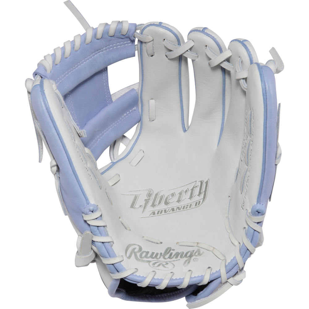 The Rawlings Liberty Advanced 12" Fastpitch Softball Glove (RLA206SB-2WPE) features a white and light blue design with matching stitching and lacing, making it the perfect fastpitch utility glove.