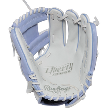 The Rawlings Liberty Advanced 12" Fastpitch Softball Glove (RLA206SB-2WPE) features a white and light blue design with matching stitching and lacing, making it the perfect fastpitch utility glove.