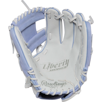 The Rawlings Liberty Advanced 12" Fastpitch Softball Glove (RLA206SB-2WPE) features a white and light blue design with matching stitching and lacing, making it the perfect fastpitch utility glove.