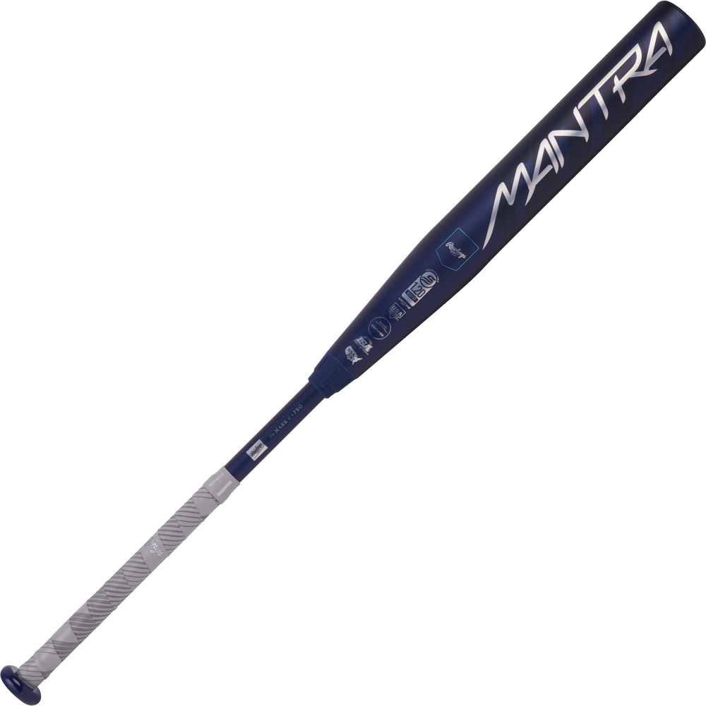 The 2025 Rawlings Mantra (-9) Fastpitch Softball Bat (RFP4M9 DEMO) by Rawlings features a navy barrel with white MANTRA lettering, a silver and white grip, and advanced In/Tense Carbon Composite construction, shown on a plain background.