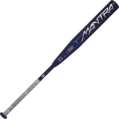 The 2025 Rawlings Mantra (-9) Fastpitch Softball Bat (RFP4M9 DEMO) by Rawlings features a navy barrel with white MANTRA lettering, a silver and white grip, and advanced In/Tense Carbon Composite construction, shown on a plain background.