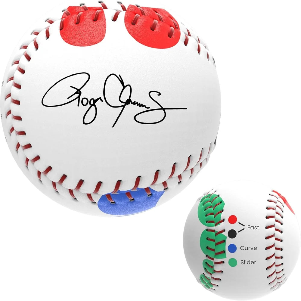 A Markwort Roger Clemens Instructional 9″ Baseball & Booklet: RCB1000 featuring red and blue finger placement guides on one side and a diagram for fast, curve, and slider pitches with colored stitching on the other.
