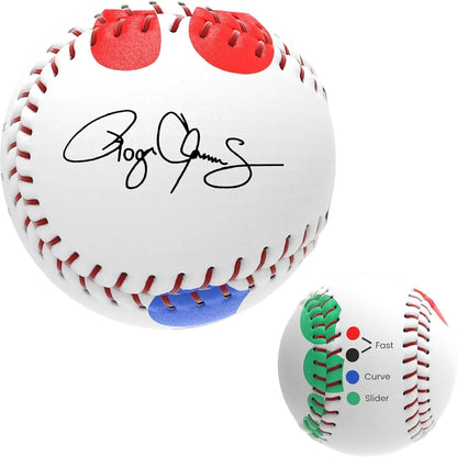 A Markwort Roger Clemens Instructional 9″ Baseball & Booklet: RCB1000 featuring red and blue finger placement guides on one side and a diagram for fast, curve, and slider pitches with colored stitching on the other.