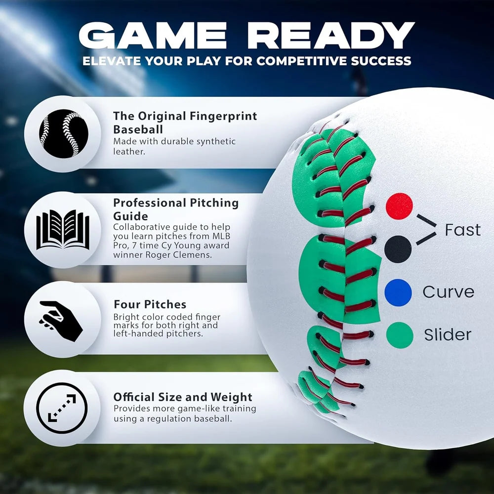 A Markwort Roger Clemens Instructional 9″ Baseball & Booklet: RCB1000 with green finger-placement markings and a list of three color-coded pitch types: red for fast, black for curve, and blue for slider.