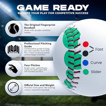 A Markwort Roger Clemens Instructional 9″ Baseball & Booklet: RCB1000 with green finger-placement markings and a list of three color-coded pitch types: red for fast, black for curve, and blue for slider.