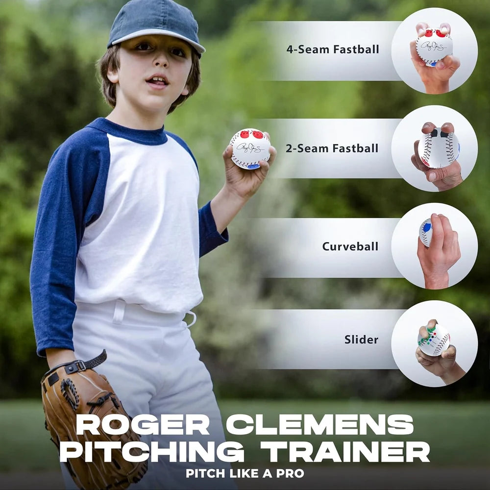 A baseball player holds a Markwort Roger Clemens Instructional 9″ Baseball & Booklet: RCB1000, which shows finger positions for a 4-seam fastball, 2-seam fastball, curveball, and slider.