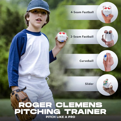 A baseball player holds a Markwort Roger Clemens Instructional 9″ Baseball & Booklet: RCB1000, which shows finger positions for a 4-seam fastball, 2-seam fastball, curveball, and slider.