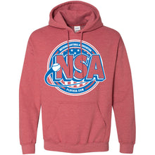 The DSG Apparel National Softball Association NSA Crest HeavyBlend Hoodie is red with a large front softball logo, "National Softball Association" above, and "PLAYNSA.COM" below in blue and white.