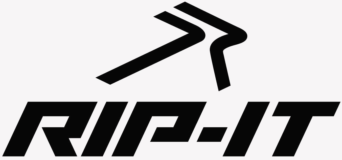 Black and white logo featuring the words RIP-IT in bold, stylized letters, with an abstract geometric design above the text.