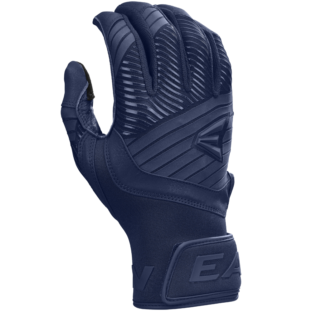 A dark blue Easton Walk Off Ethos Youth Batting Glove (WO25YBG) with textured back, reinforced padding, and wrist Velcro strap featuring "EA" letters. The durable glove is shown palm-away. Brand: Easton.