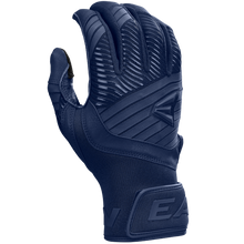A dark blue Easton Walk Off Ethos Youth Batting Glove (WO25YBG) with textured back, reinforced padding, and wrist Velcro strap featuring "EA" letters. The durable glove is shown palm-away. Brand: Easton.