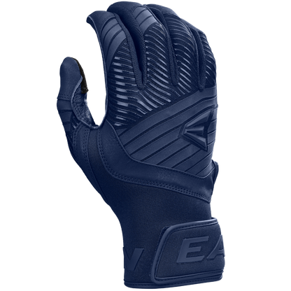 A dark blue Easton Walk Off Ethos Youth Batting Glove (WO25YBG) with textured back, reinforced padding, and wrist Velcro strap featuring "EA" letters. The durable glove is shown palm-away. Brand: Easton.
