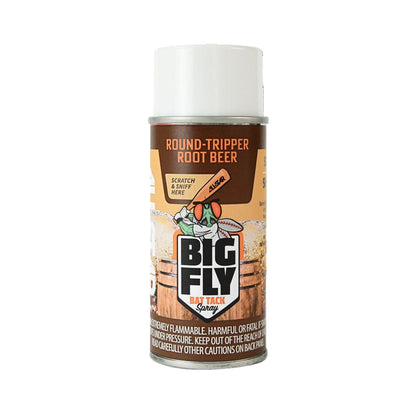 A can of All Star Big Fly Bat Tack Spray: BFSP1 in Round-Tripper Root Beer scent, with a cartoon fly on the label, brown root beer accents, a white cap, and safety warnings at the bottom.