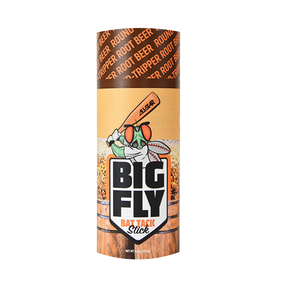 The All Star Big Fly Bat Tack Stick (BFST1) has root beer-themed packaging with "RIPPER ROOT BEER" text and a cartoon fly holding a bat, highlighting its All-Star bat grip performance.